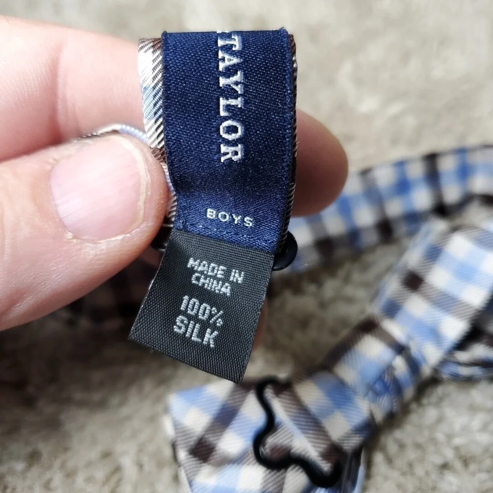 Lord & Taylor Boys Bow Tie Blue Brown Gingham Check Silk Formal Wedding Dress